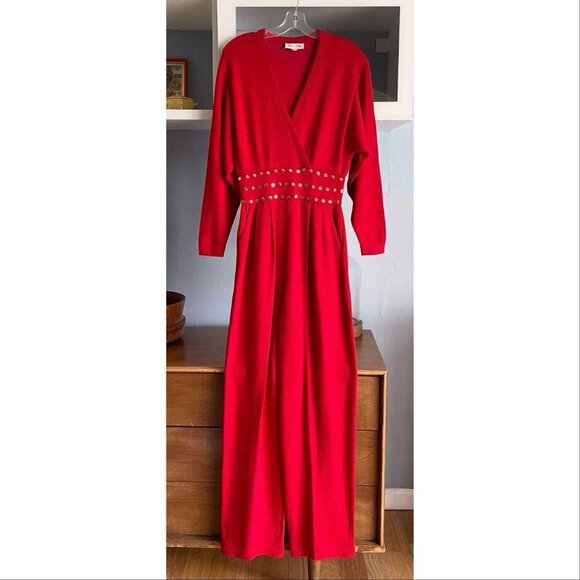 Vtg 80s St. John Santana Knit Red w/ Gold Tone Studded V-Neck Pleated Jumpsuit - Picture 1 of 6